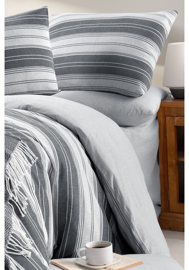 Mystory Home Lastikli Çarşaflı Tek Kişilik Nevresim Takımı Çizgili Gri