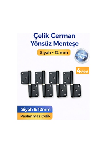 4 Adet Çelik Cerman Yönsüz Siyah Kapı Menteşesi 12 Mm