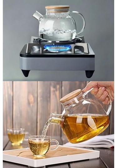 Toptanfoni 1000 Ml Bambu Kapaklı Isıya Dayanıklı Cam Bitki Çayı Demliği Cam Sürahi Şeffaf