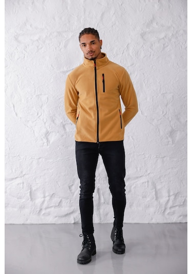 Monox Erkek Biyeli Fermuarlı Spor Polar Ceket Camel