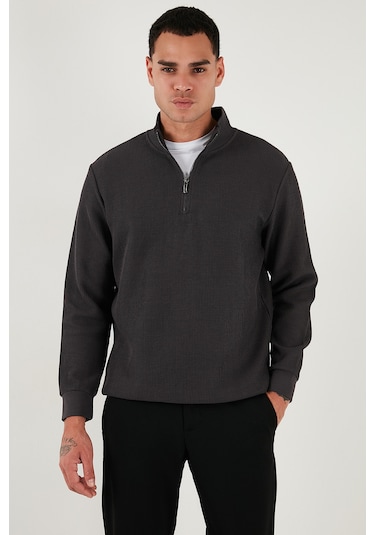 Buratti Pamuklu Regular Fit Yarım Fermuarlı Dik Yaka Erkek Sweat 5905716 Antrasit