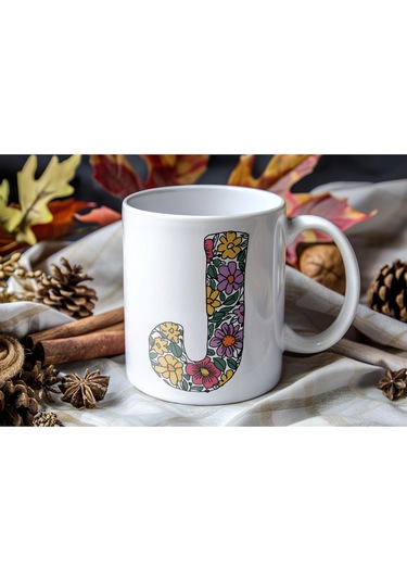J Baş Harf Çiçek Desenleri İle Natural Tarz Kupa Bardak - Kişiye Özel Çiçekli Kahve Çay Bardak - Beyaz