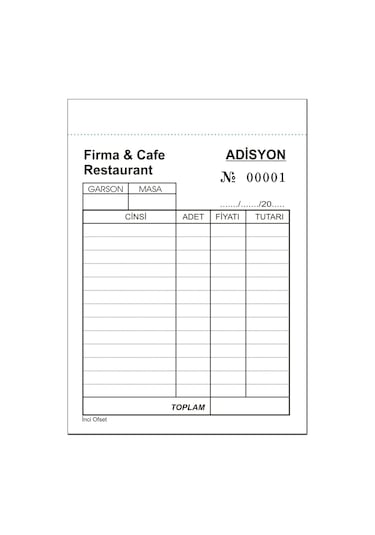 Adisyon Sipariş Fişi Firma Ya Özel A6 Otokopili 2 Nüsha  100 Cilt