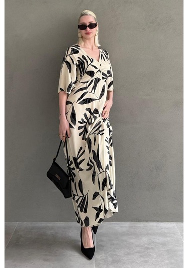 Madmext Ekru Desenli Yarım Kollu Elbise Mg2395 Ekru