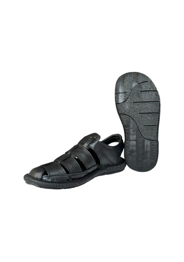 Erkek Hakiki Deri Cırtlı Sandalet Siyah-füme-siyah - Füme Siyah - Füme