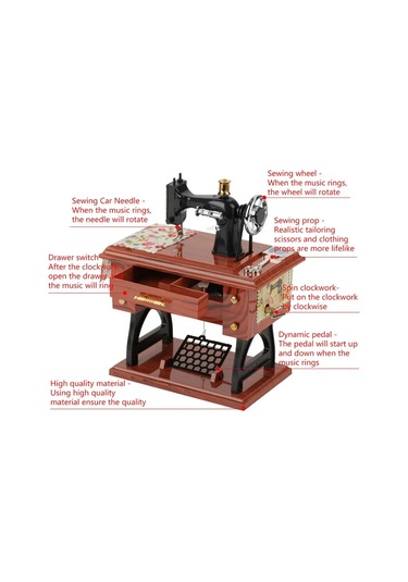 Reedark Retro Dikiş Makinesi Desenli Mini Müzik Kutusu - Çarklı Hareketli, Çekmeceden Müzik Çalar, Nostaljik Hediye Odun