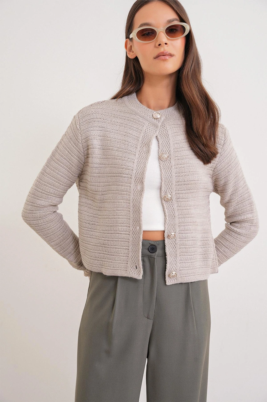 6778 Kadın Links Desenli Crop Triko Hırka Taş Taş