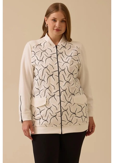 Kadın Büyük Beden Desenli Fermuarlı Kap - Ekru Ekru
