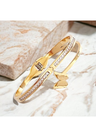 Zirkon Taşlı Kelebekli Çelik Kelepçe Bileklik - Vıp Serisi Gold Renk Lüks Takı Modası