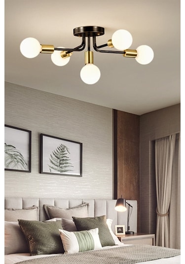 Döngü Modern Tasarım Eskitme Renk Camsız Beşli Avize- Siyah