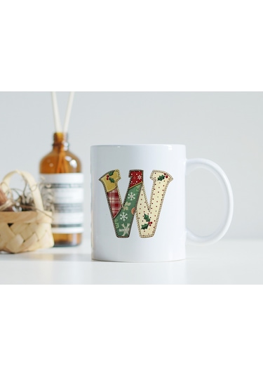 W Harfi Yılbaşı Temalı Kupa Bardak - Yeni Yıl Konsept Yamalı Efekt Tasarım - Noel Hediye Beyaz