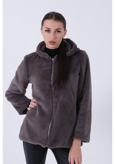 Feminist Gri Fermuarlı Oversize Kapüşonlu Çift Cepli Peluş Mont 0108078.06 Gri