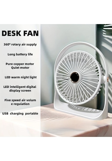 Boatshop1 Abudodo Taşınabilir Usb Masa Fanı White 360 Sessiz 5 Hız Şarj Edilebilir Pil Led Gece Lambası