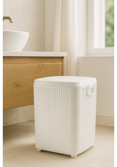 Lines Serisi Beyaz Banyo Seti, 5 Parça Akrilik Kare 5 Litre Çöp Kovası, Sabunluk, Fırçalık Takımı 3462 Beyaz