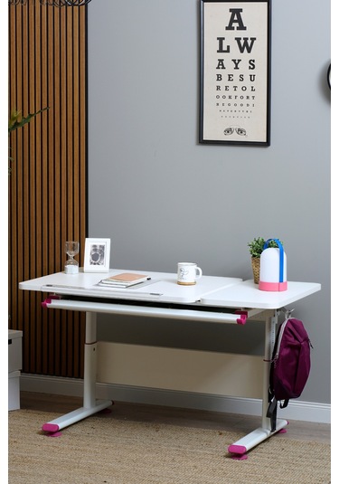 Vega Basic Yükseklik Ve Eğim Ayarlı Beyaz Çalışma Masası, Çekmeceli Bilgisayar Ve Ofis Masası, Fuşya Gri
