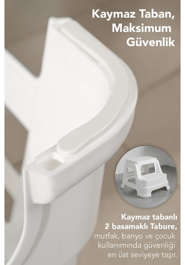 2 Basamaklı Merdiven Tabure - Kaydırmaz Tabanlı Çok Amaçlı Basamak Tabure Beyaz