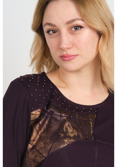 Detay Triko Kadın Boncuk İşlemeli Parlak Desenli Uzun Kol Anne Bluz 5744 Mürdüm Mürdüm