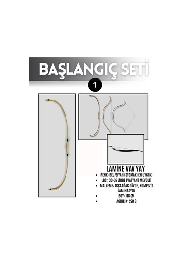 Geleneksel Okçuluk Lamine 'vav' Set- Vav Yay + 3 Ok + Zihgir + Tirkeş