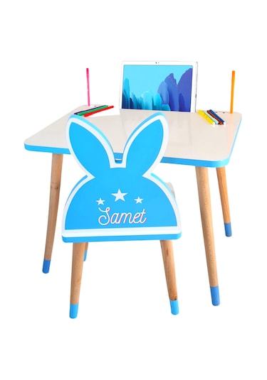 Çocuk Ders Çalışma Masa Ve Sandalye Takımı 2-6 Yaş Mavi Tavşanlı