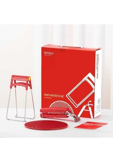 Fortunelane Pratik Mutfak Seti: Paslanmaz Çelik Isıya Dayanıklı Tabak-kapak Tutucu, Kaymaz Tutuş, 3'lü Kırmızı Renkli Paket Diğer