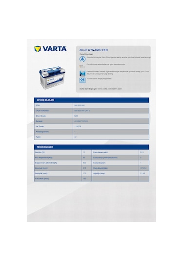 Varta Akü 12V 80 Ah 800A Efb Start-Stop Blue Dynamic N80