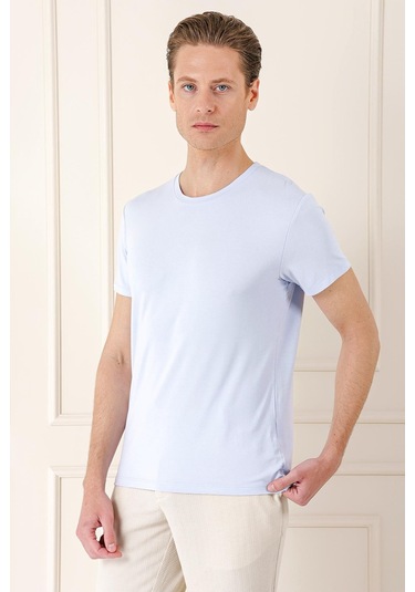 Slim Fit Bisiklet Yaka Düz Pamuklu Buz Mavi Tişört Ts 823 Buz Mavi
