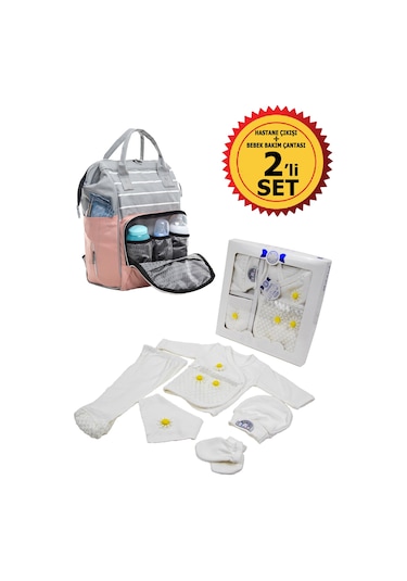 Pembe Bebek Bakım Çantası Ve 5 Parça Hastane Çıkışı İkili Set Pembe - Sarı