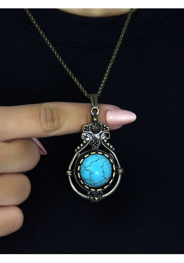 Doğal Taş Firuze Doğal Taşlı Desenli Otantik Kadın Kolye 45 Cm Zincirli Euk14f Mavi