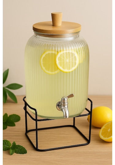 Qerhome Cam Şerbetlik 3,75 Litre, Musluklu, Bambu Kapaklı, Metal Standlı
