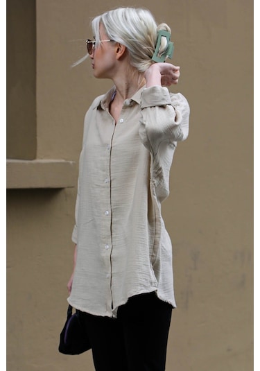Madmext Bej Muslin Kumaş Basic Kadın Gömlek Mg1660 Bej