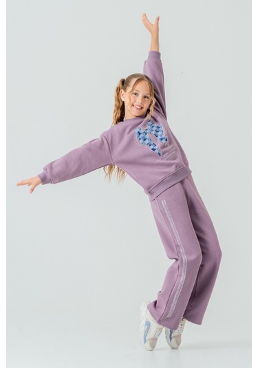 Kız Çocuk Fiyonk Nakışlı Taşlı 3 İplik Kalın Kışlık Eşofman Takımı Ak4222 Mor