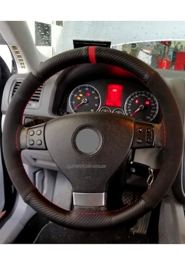 Vw Jetta Alkantra Karbon Direksiyon Kılıfı Dikmeli Kırmızı