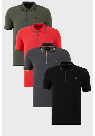 Buratti Pamuklu Slim Fit Şerit Detaylı Düğmeli Polo Yaka 4'Lü Paket Erkek T Shirt 5902118S4 Siyah-Kırmızı-Antrasit-Haki