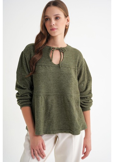 6950 Kadın Yakası Bağcıklı Pileli Triko Kazak Haki Haki