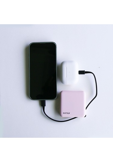 Raptic 5000 mAh Lightning - Type-C Kablolu Dijital Led Göstergeli Askılı Powerbank  Pembe