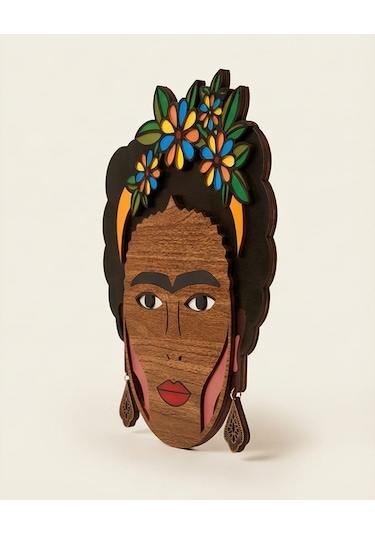 Frida Kahlo Mdf Ahşap Duvar Maskı - Çiçek Taçlı Dekoratif Duvar Sanatı 1