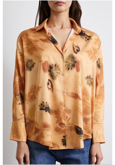 Kadın Uzun Kol Desenli Renkli Pamuk Saten Premium Kalite Spor Şık Gömlek Turuncu
