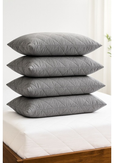 Yastık Alezi Seti Pamuklu 4 Lü Kapitone Yastık Koruyucu Gri Gri