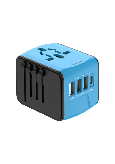 Hombey Mavi Evrensel Seyahat Şarj Aleti - 4 Port 3 Usb + Type-c Hızlı Şarj, 150+ Ülke Uyumlu, 5 Cihazı Eş Zamanlı Şarj Edebilir