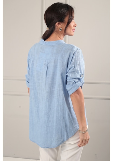 By Saygı Kadın Pul Detaylı Tek Cepli Oversize İthal Keten Gömlek Mavi