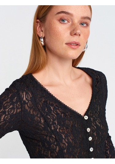 Dilvin 60433 Düğmeli Peplum Dantel Hırka-siyah Siyah
