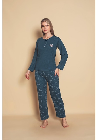 Yüksek Kalite Bambu İnterlok Kadın Pijama Takımı P5046 Petrol Mavisi