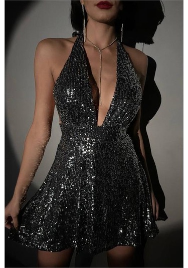 Neşeli Butik Kadın Gri Halter Yaka Payet Elbise Nbdf046 Gri