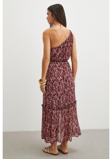Uterpe One Shoulder Floral Print Maxi Dress Mürdüm