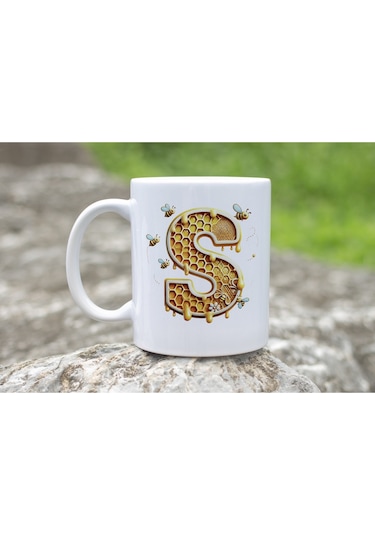 S Harfi Bal Arısı Tasarım Kupa Bardak - Bal Ve Petek Desenli Kişiye Özel Kahve Kupası - Hediyelik Beyaz