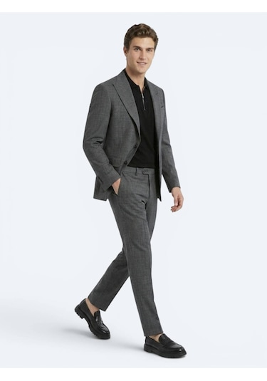 Kip Antrasit Kareli Modern Fit Yün Karışımlı Takım Elbise