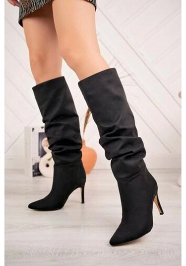 Syt-2003 Siyah Süet Körüklü İnce Topuklu Günlük Bayan Çizme Siyah
