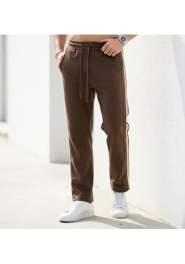 Plus Scorpion Erkek Slim Fit Eşofman Altı Yan Şeritli Pamuklu Kahverengi