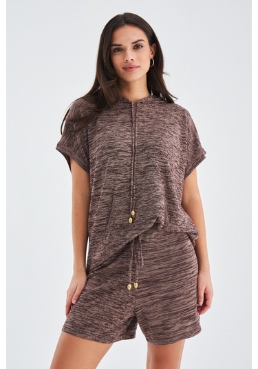 Peraluna Kaıra Blouse & Shorts Kapüşonlu Yazlık Kadın Triko Şort Kahve Kahverengi
