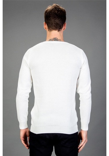 Tudors Slim Fit Dar Kesim Bisiklet Yaka Petek Desenli Erkek Kazak-14927 Beyaz